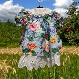 Anne Sauoy vintage 80’s pink blue floral dress puff sleeves 100% cotton